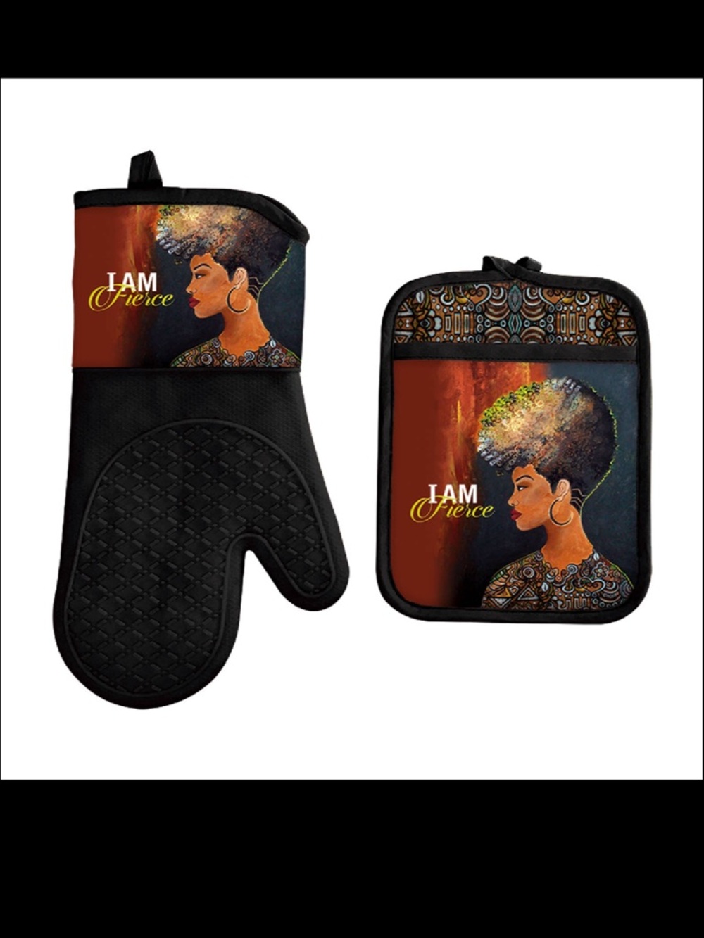 I Am Fierce Afrocentric Oven Mitt & Pot Holder Set - Black, Brown, Orange
